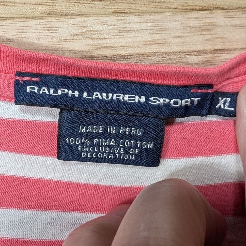 Ralph Lauren Sport T-Shirt Striped V-Neck with Logo Pink White Vintage Size XL - Picture 6 of 9